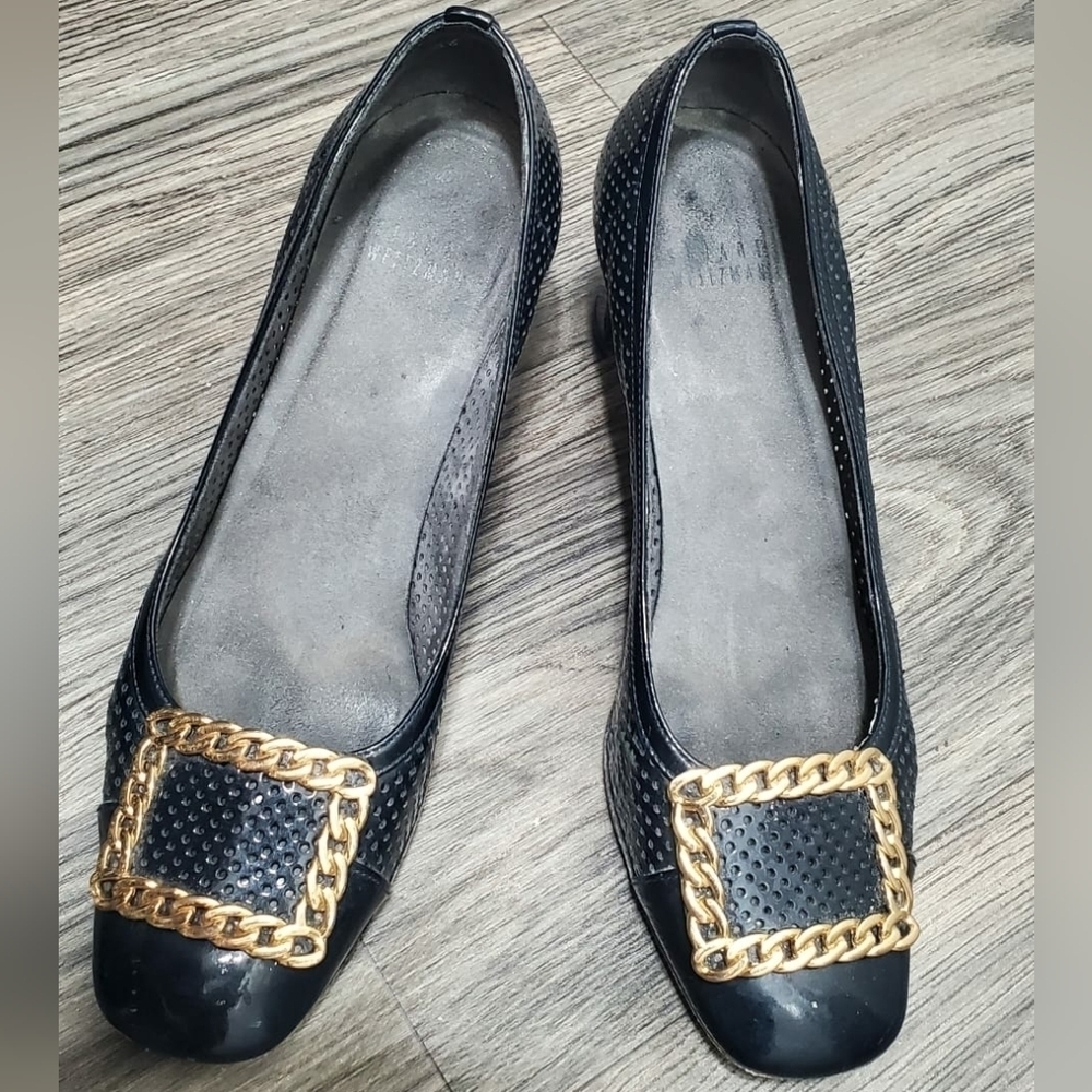 Stuart Weitzman Patent Leather Gold Crested Heeled Pumps Shoe BlueBlack 8.5 🌴✌️ - Picture 5 of 13